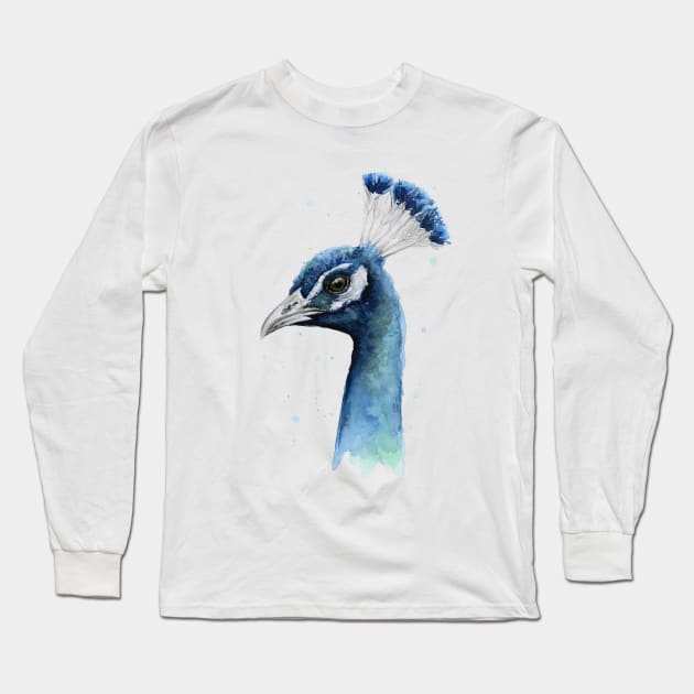 Blue Profile Peacock Watercolor Long Sleeve T-Shirt by Olechka